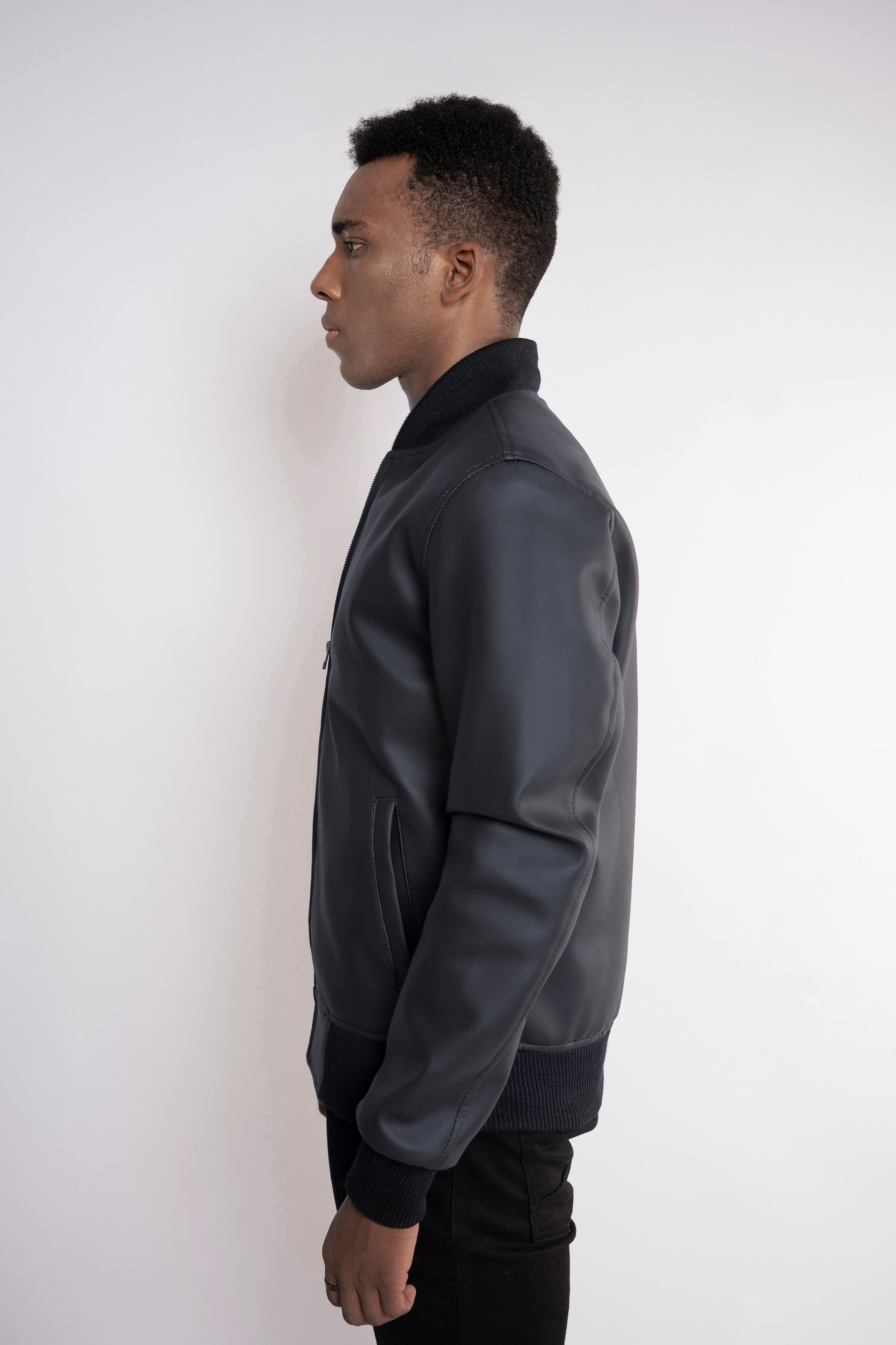 Basic Ribbed Edge Faux Leather Jacket