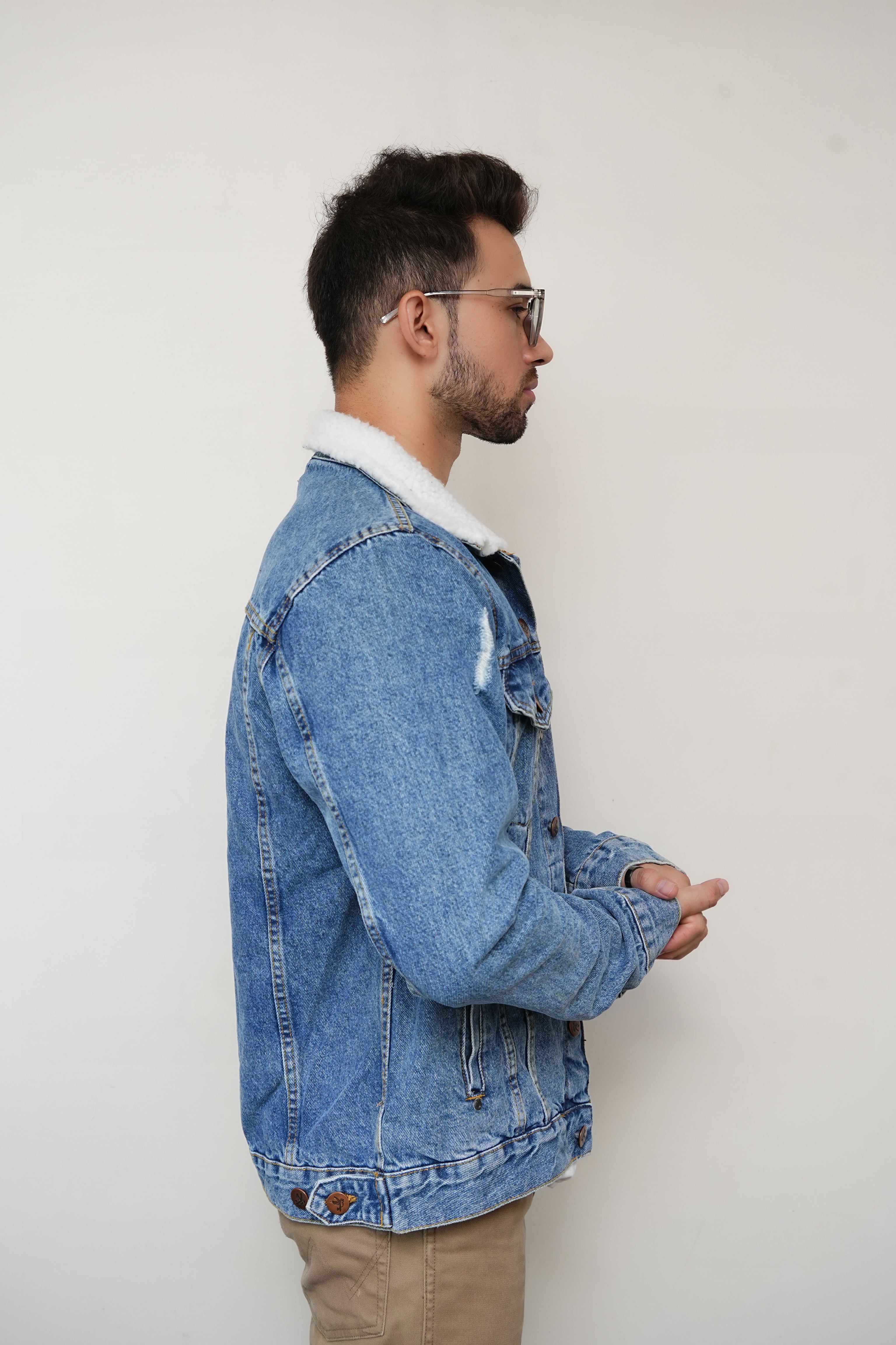 Basic Blue Denim Jacket With Faux Fur Collar