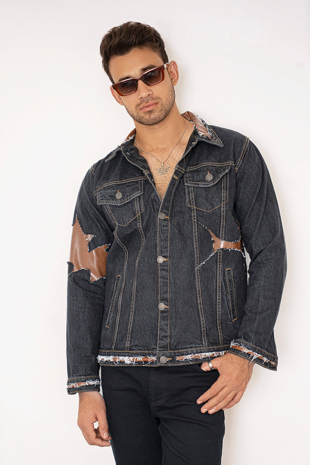 Leather Remix Denim Jacket