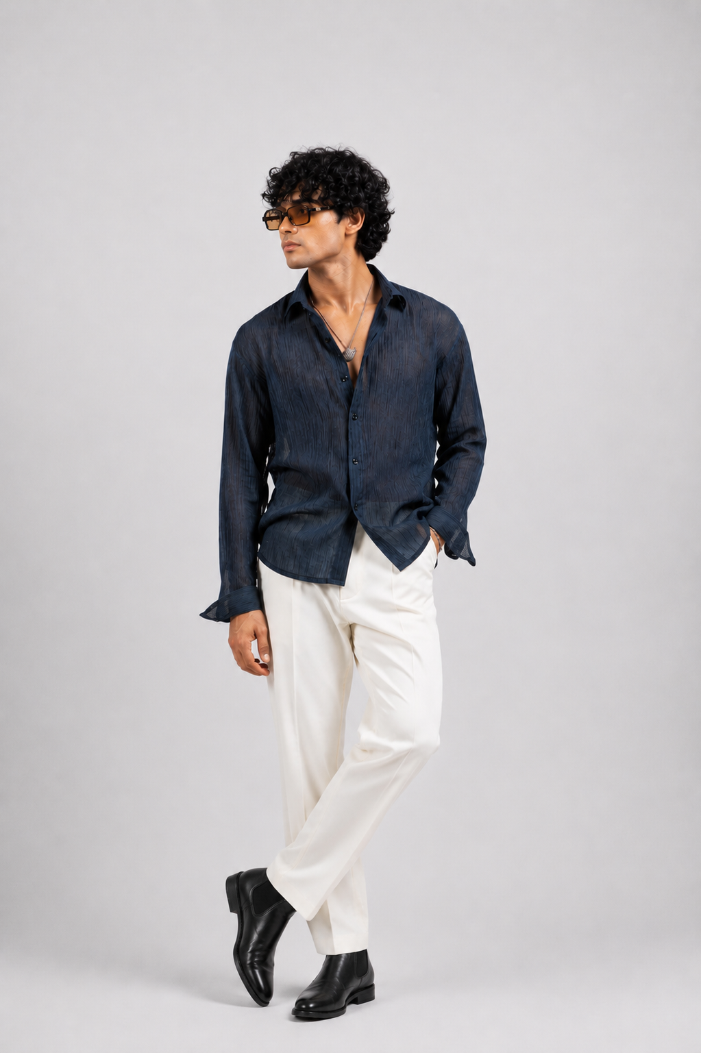 SOLÉA Navy Striped Cropped Shirt