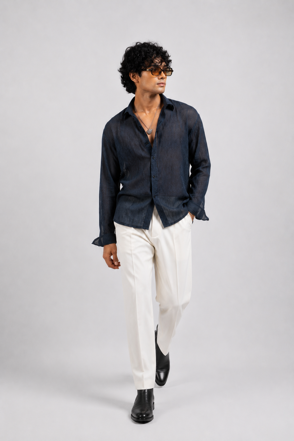 SOLÉA Navy Striped Cropped Shirt