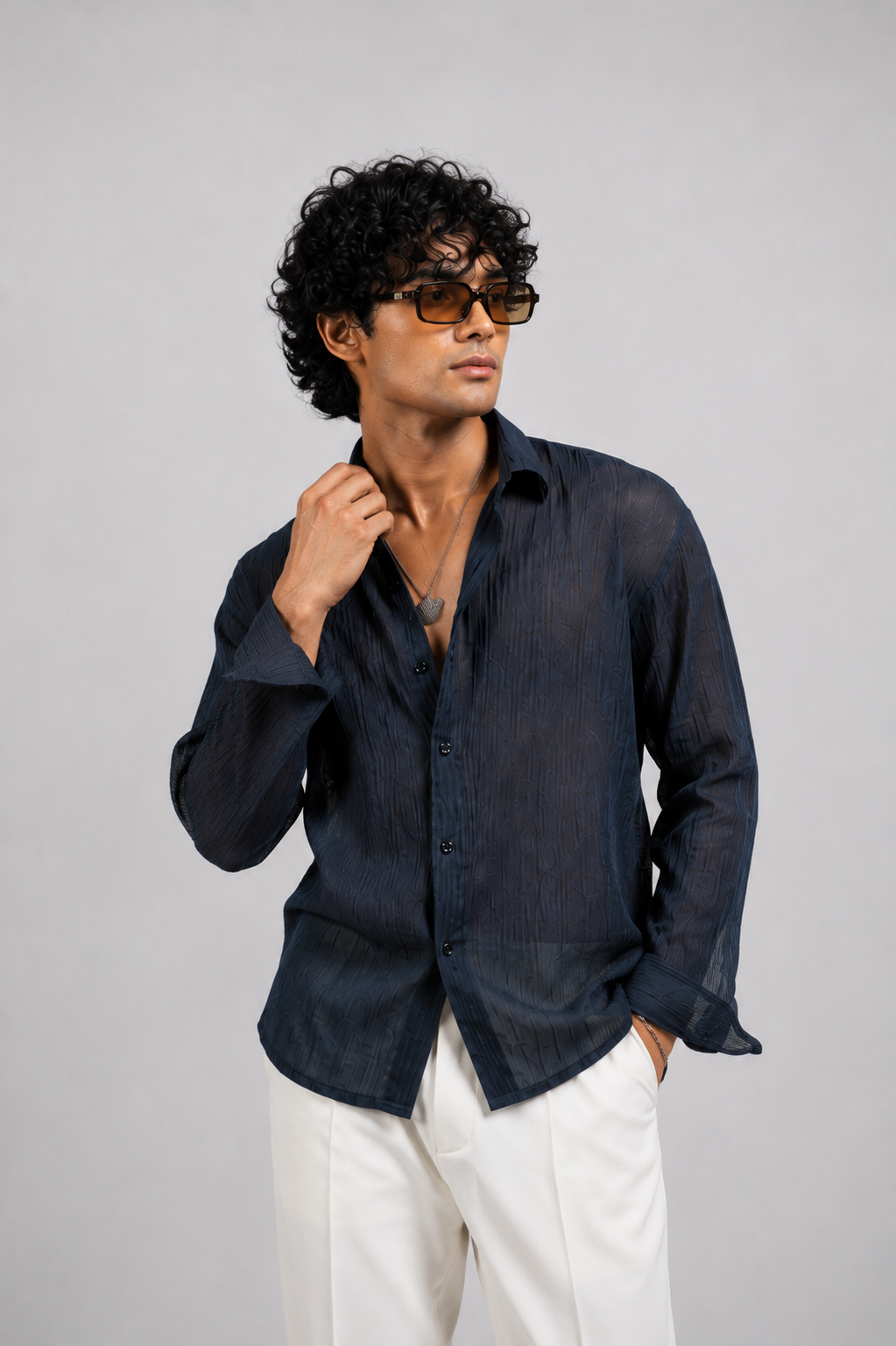 SOLÉA Navy Striped Cropped Shirt