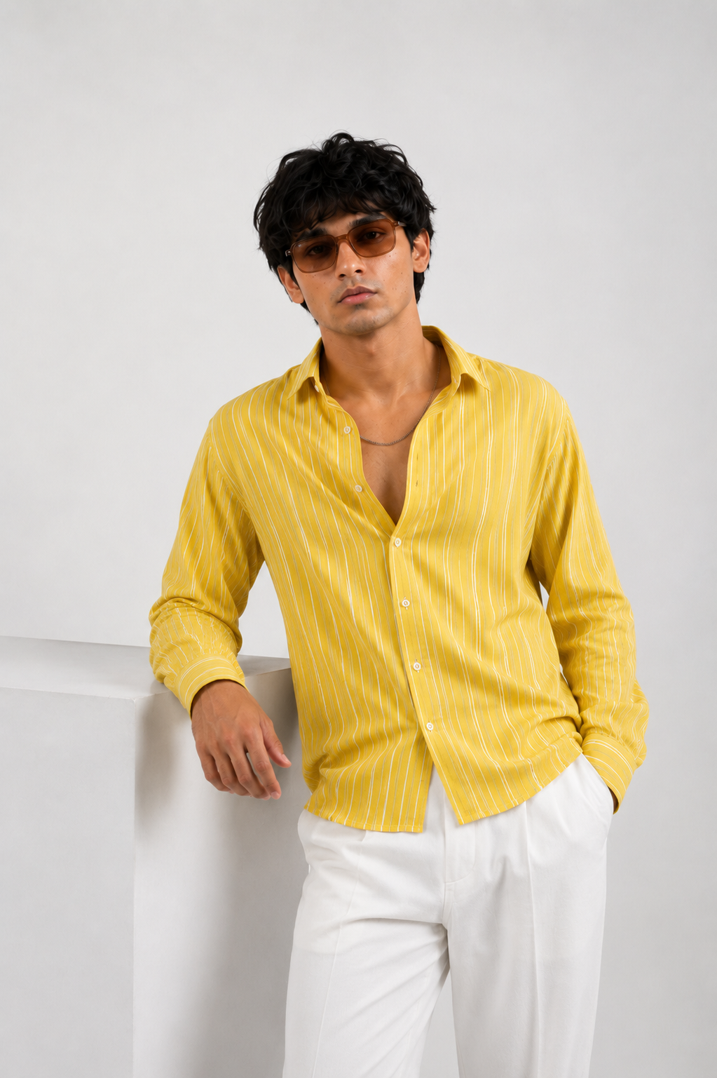 SOLÉA Lemon Striped Cropped Shirt - Full sleeves
