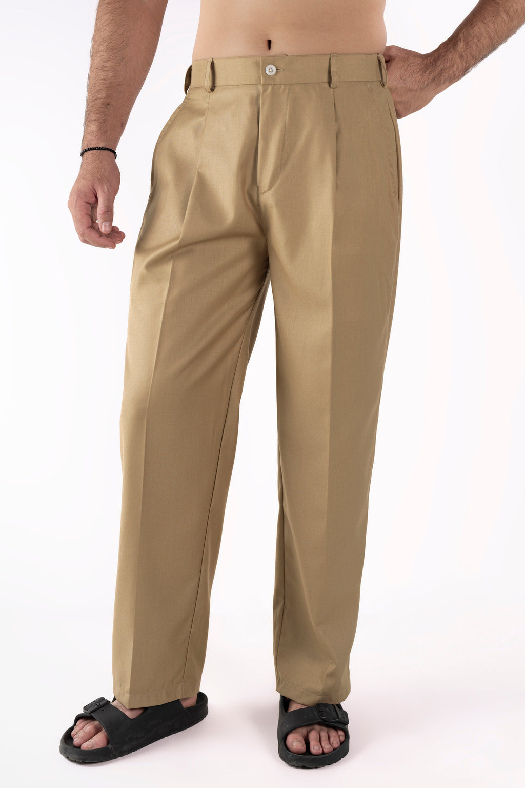 Textured Khaki Pleated Pants