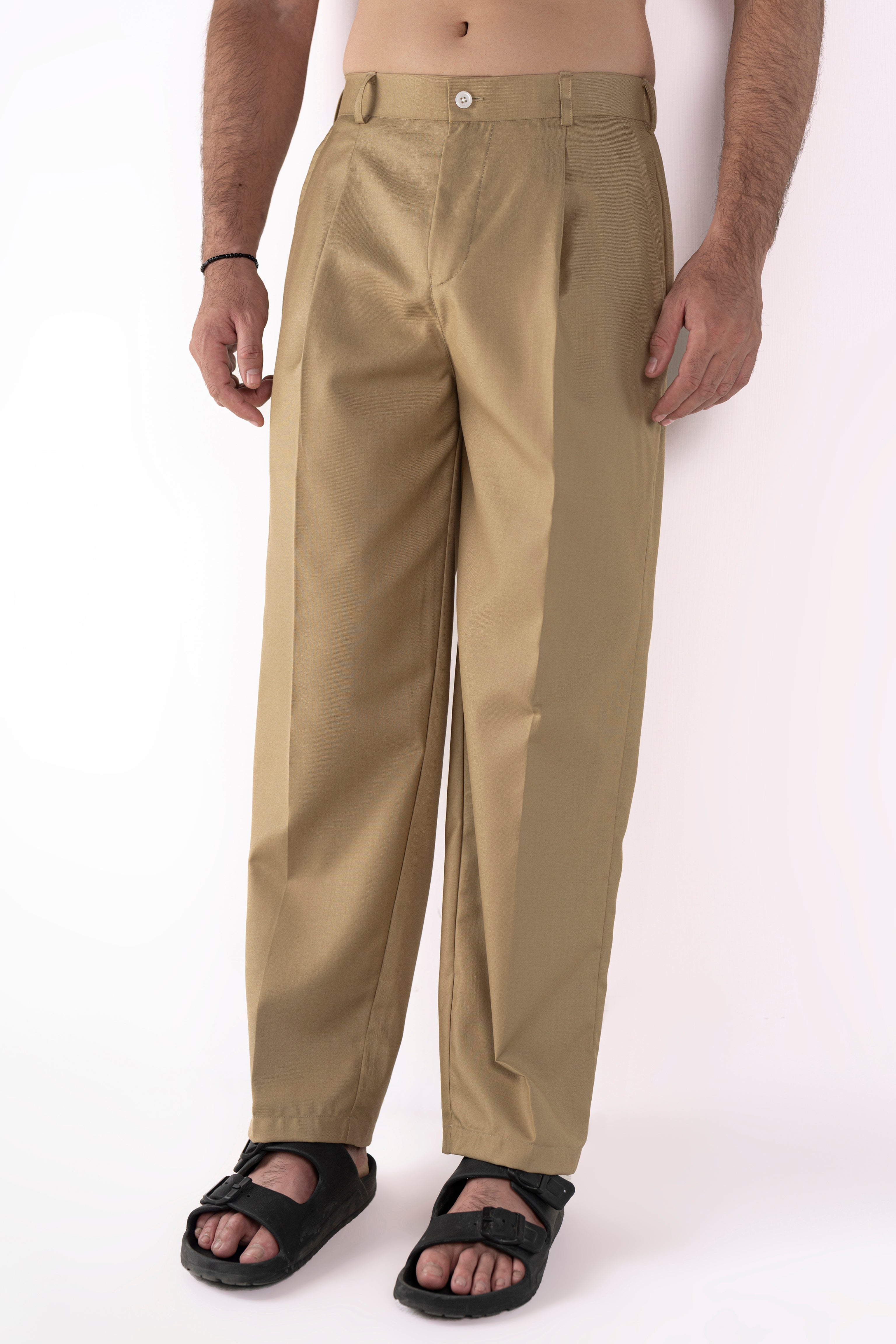 Textured Khaki Pleated Pants