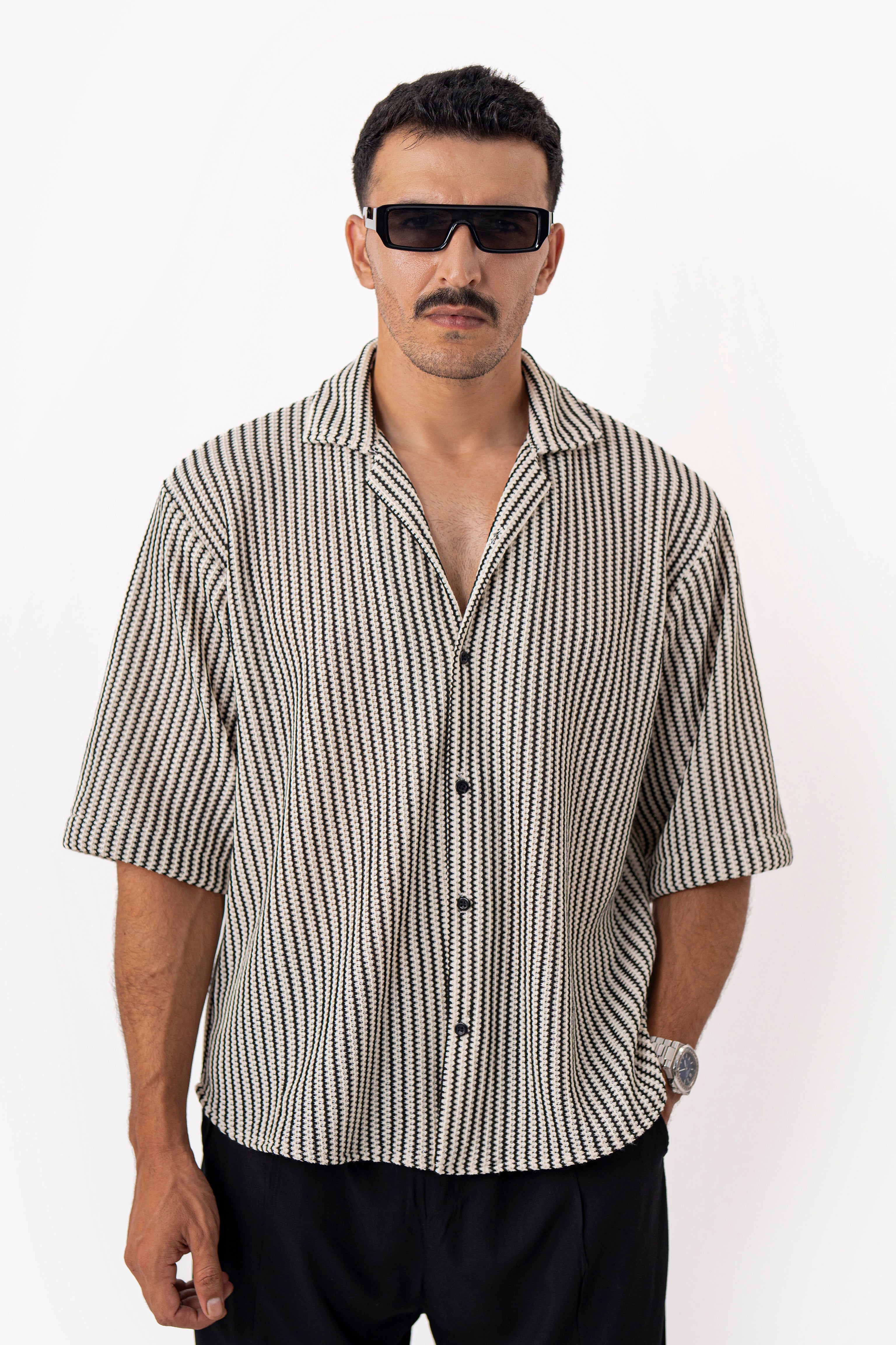 Textured Groove Oversized Crochet Shirt - Half Sleeves