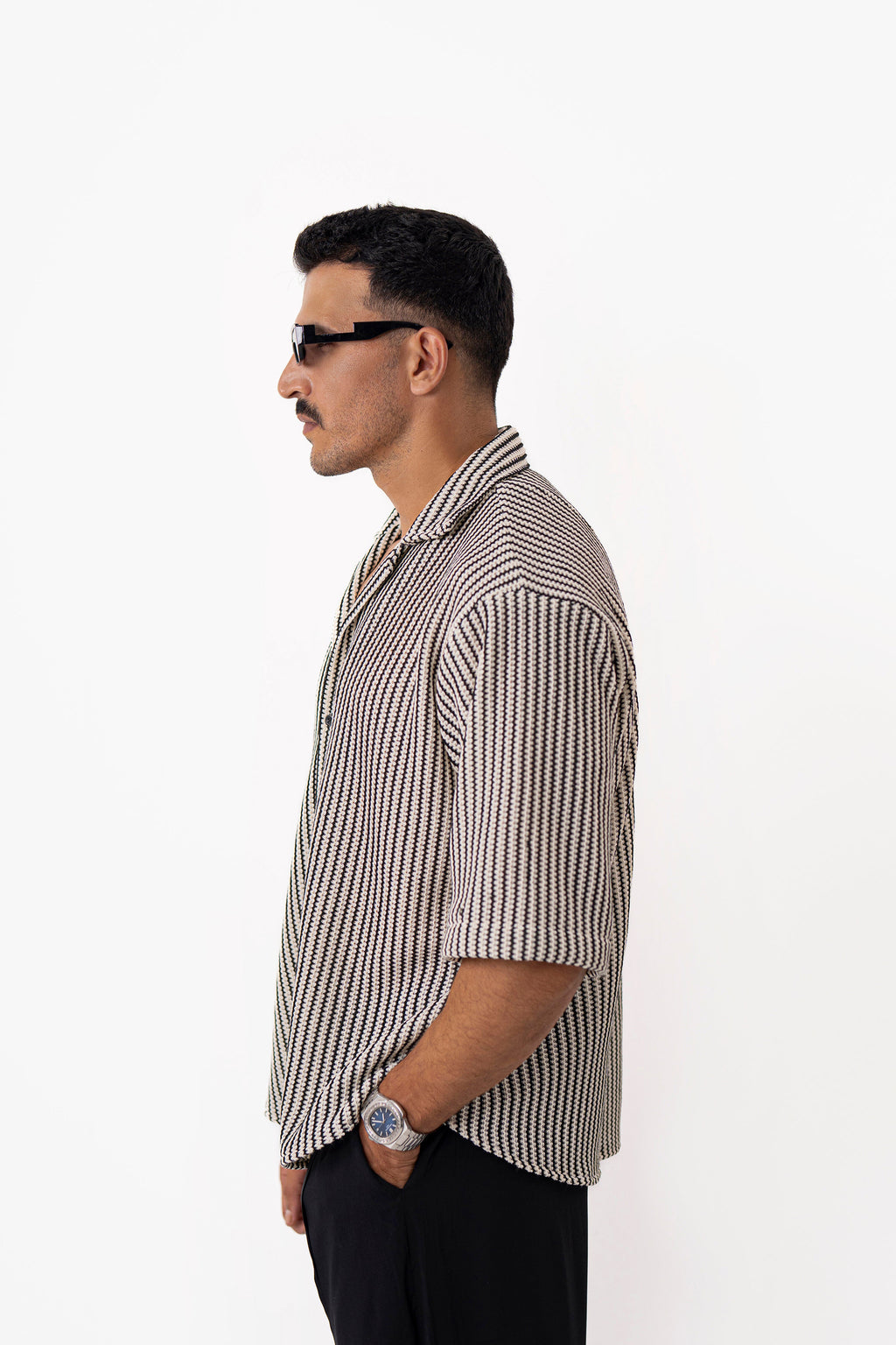 Textured Groove Oversized Crochet Shirt - Half Sleeves