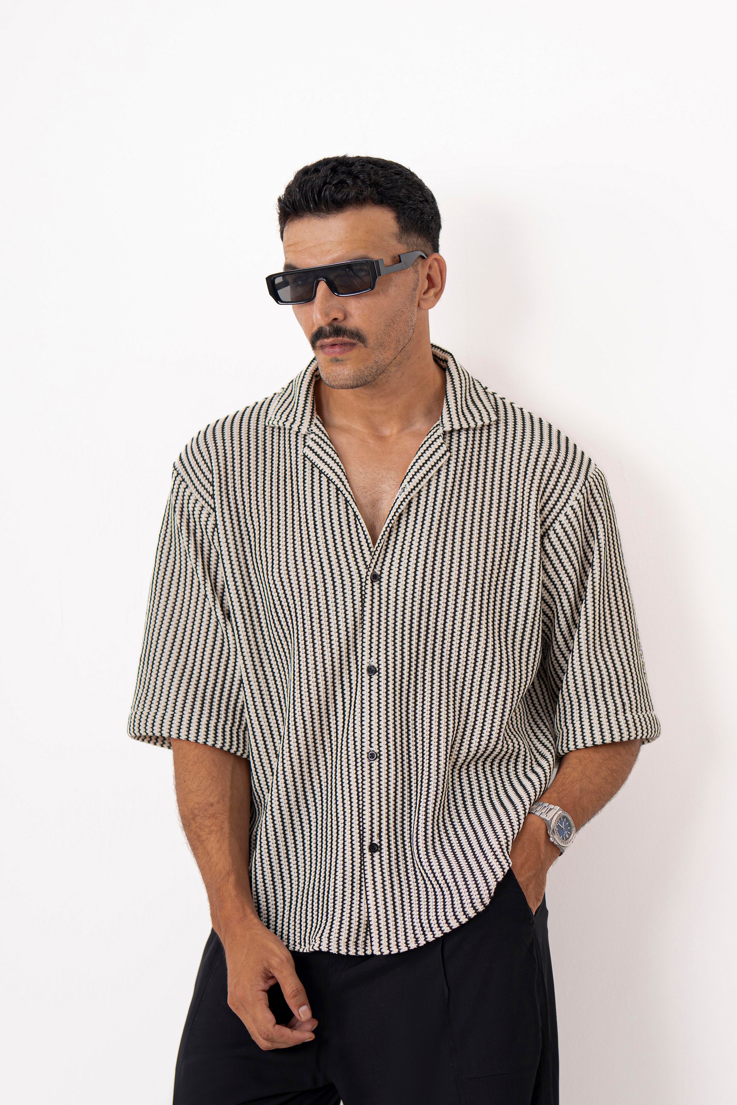 Textured Groove Oversized Crochet Shirt - Half Sleeves
