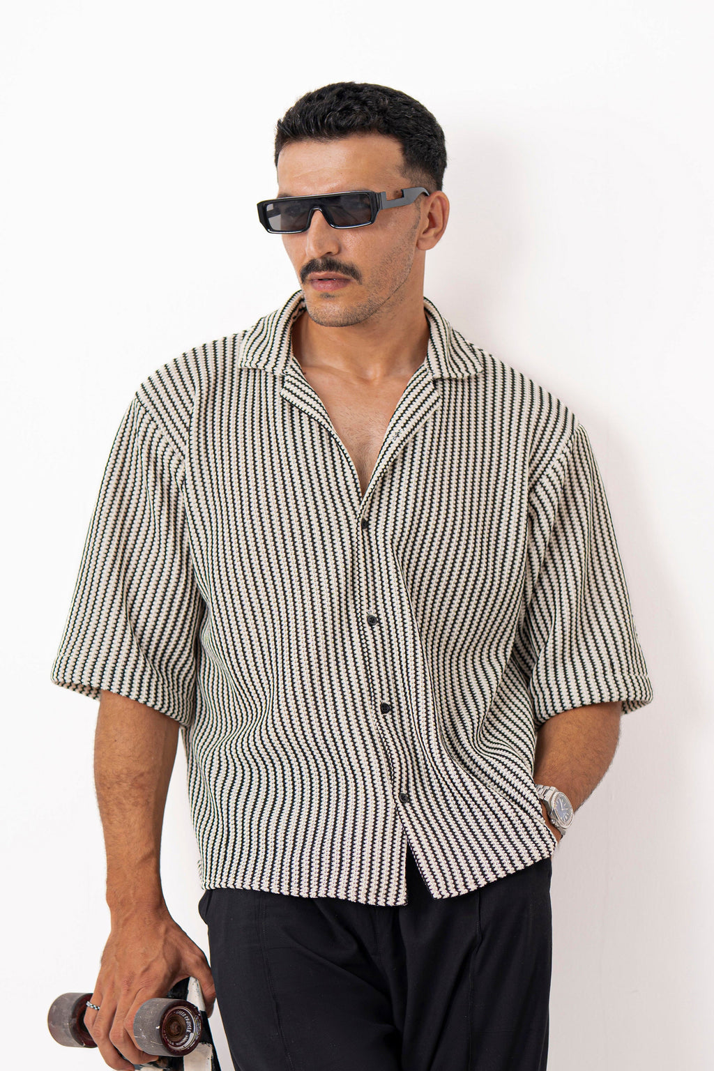 Textured Groove Oversized Crochet Shirt - Half Sleeves