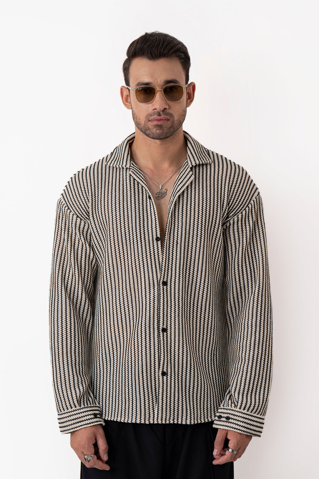 Textured Groove Oversized Crochet Shirt - Full Sleeves