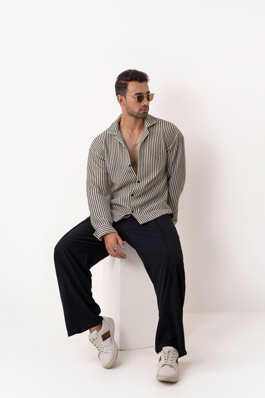 Textured Groove Oversized Crochet Shirt - Full Sleeves