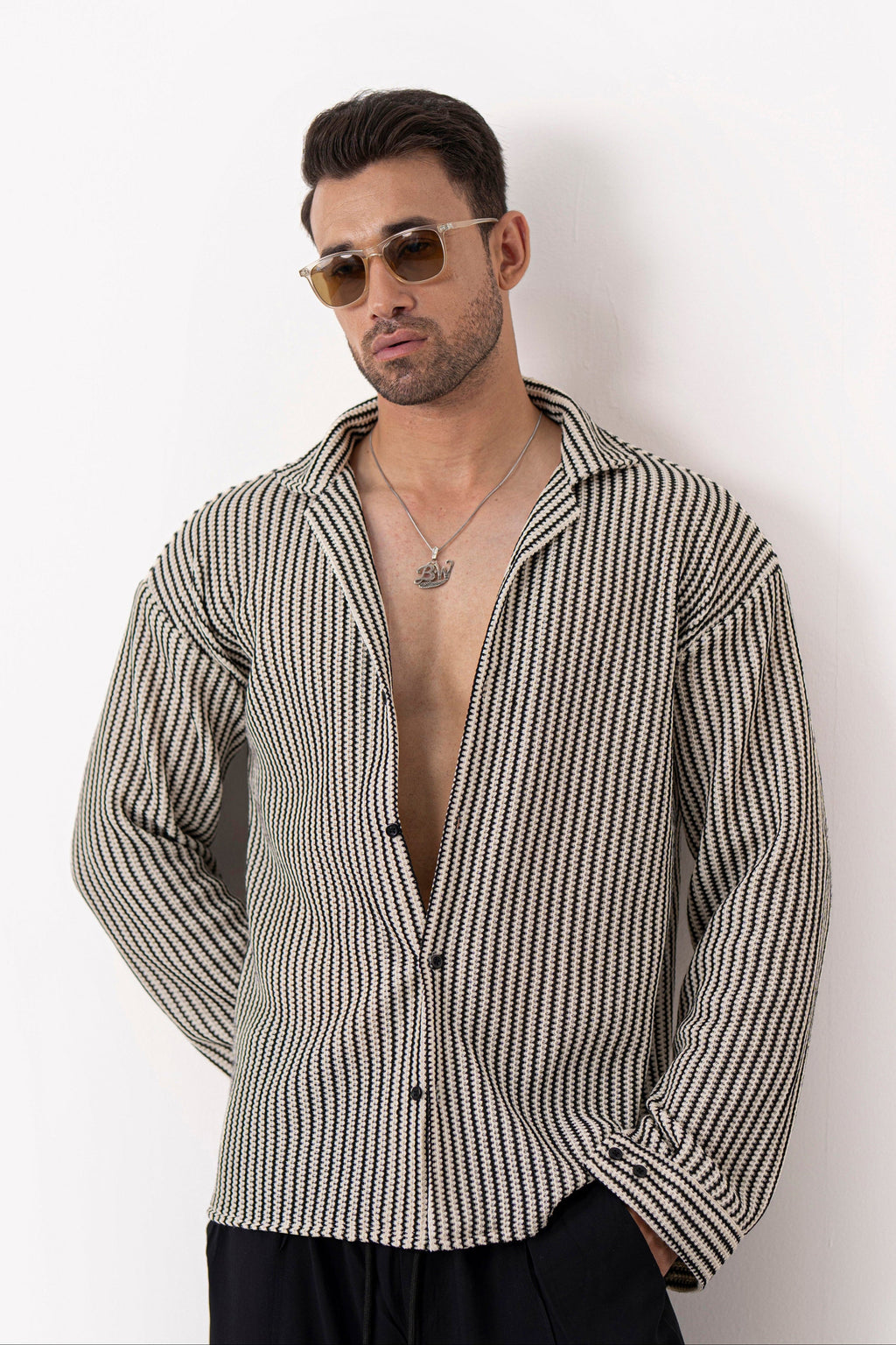 Textured Groove Oversized Crochet Shirt - Full Sleeves