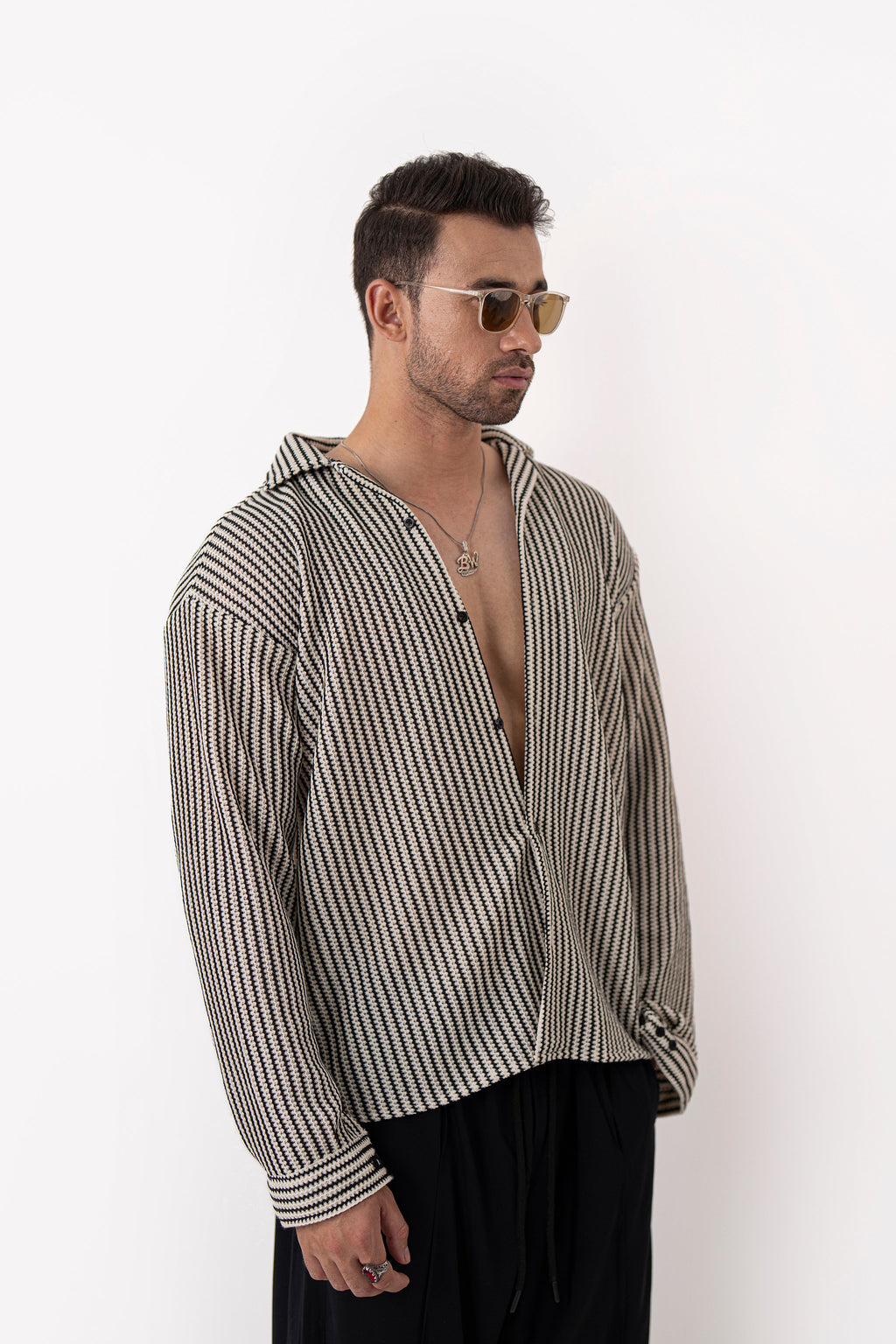 Textured Groove Oversized Crochet Shirt - Full Sleeves