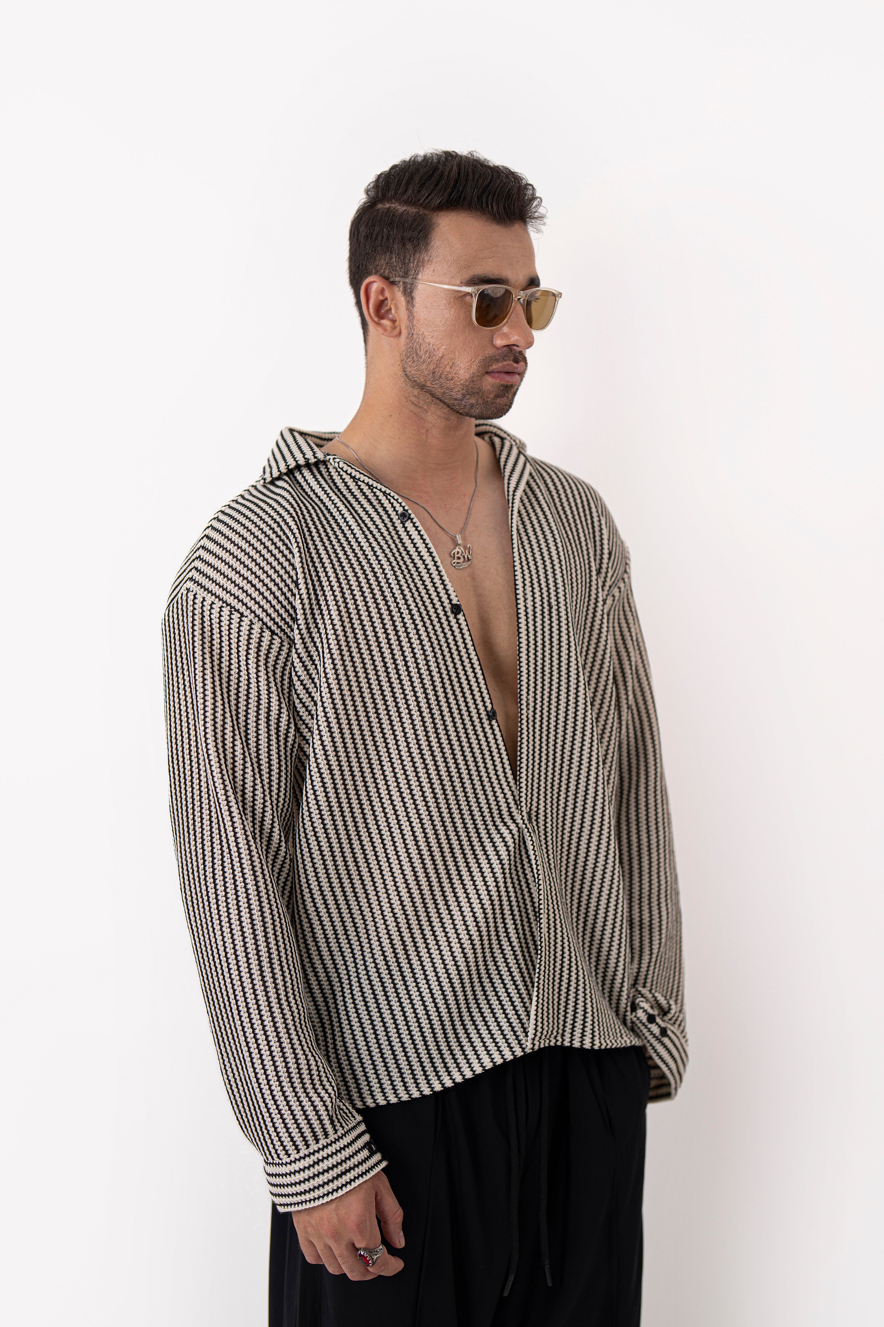 Textured Groove Oversized Crochet Shirt - Full Sleeves