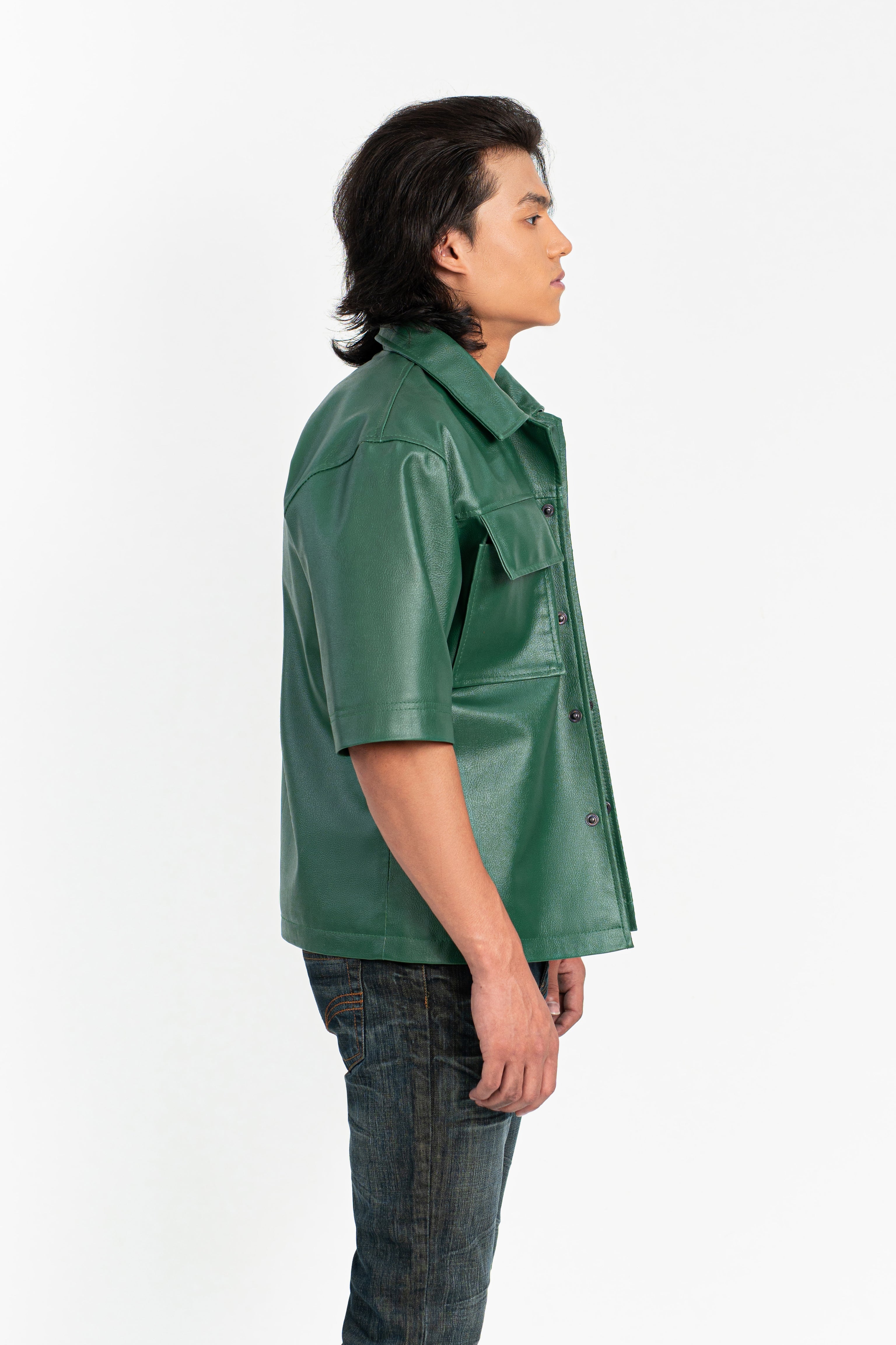 Forest Pocketed Oversized Faux Leather Shirt