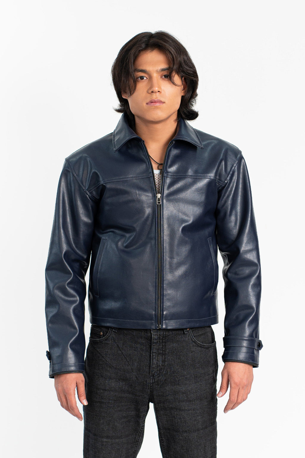 'No Risk' Blue Cropped Faux Leather Jacket