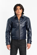 'No Risk' Blue Cropped Faux Leather Jacket