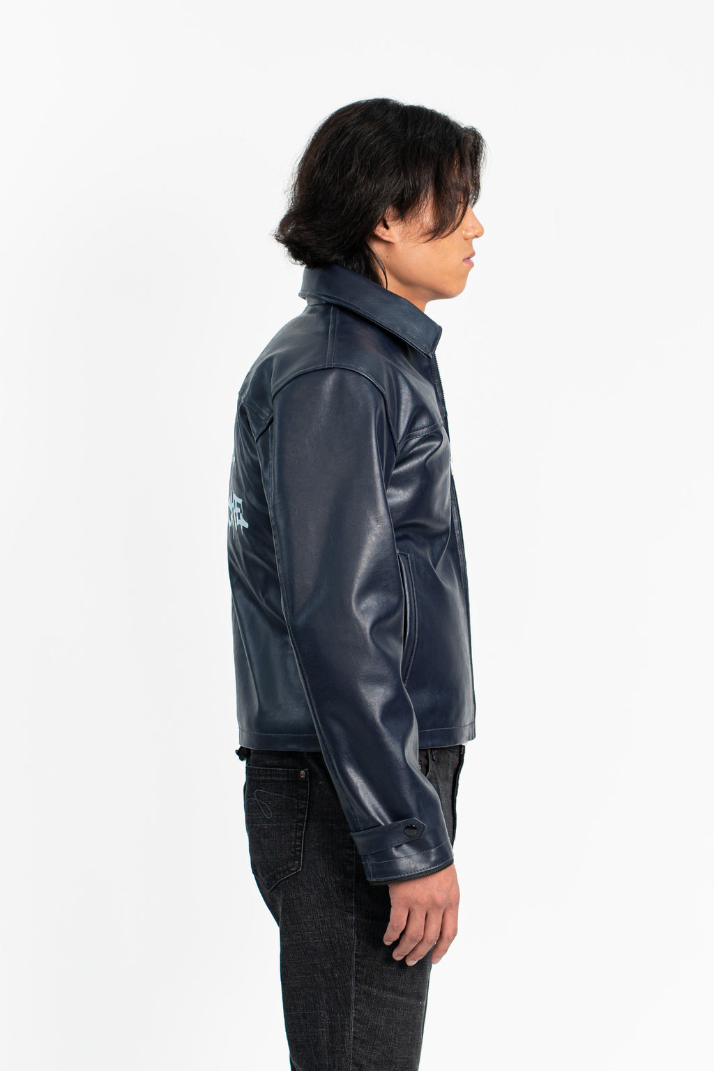 'No Risk' Blue Cropped Faux Leather Jacket