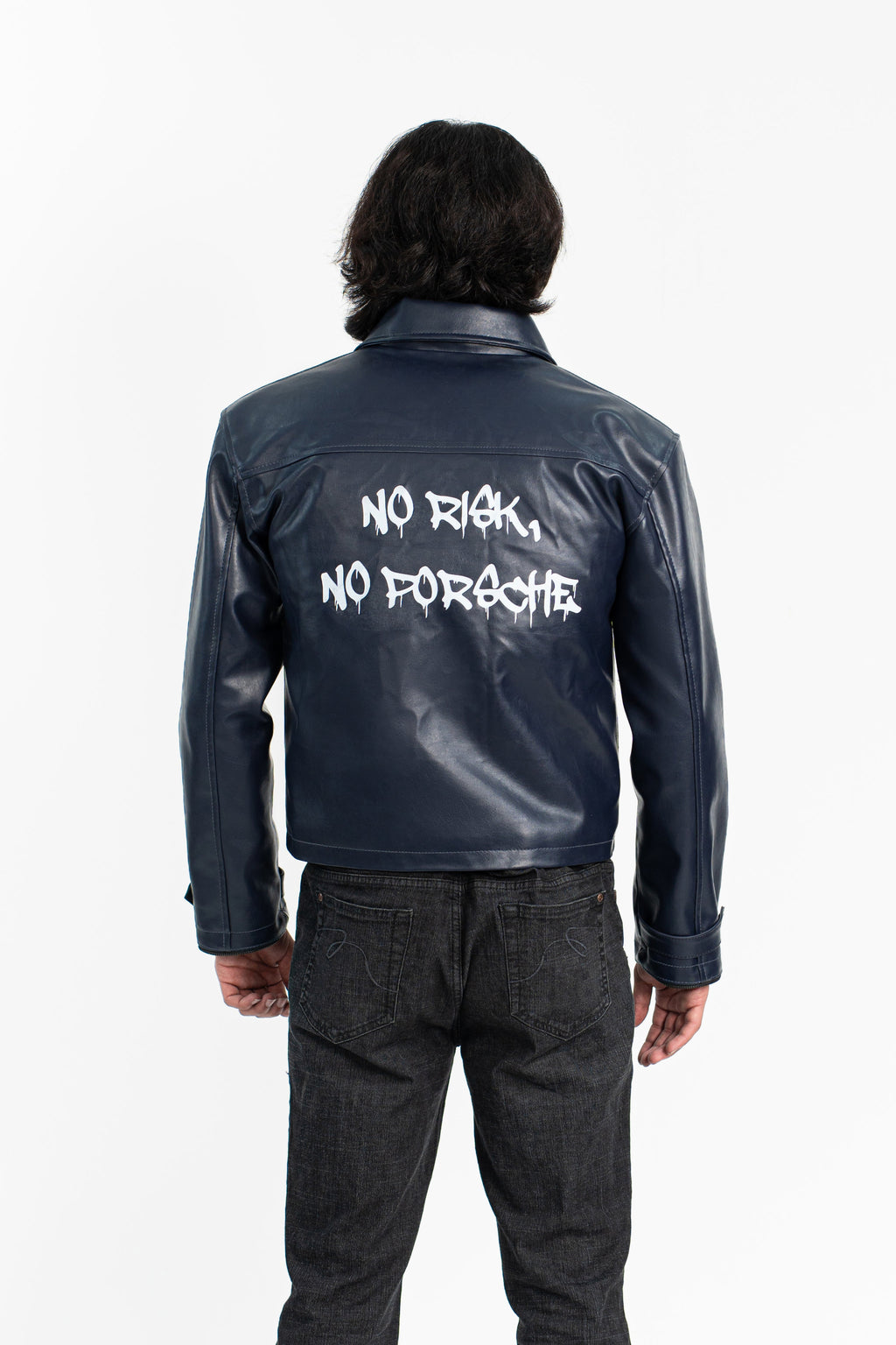 'No Risk' Blue Cropped Faux Leather Jacket