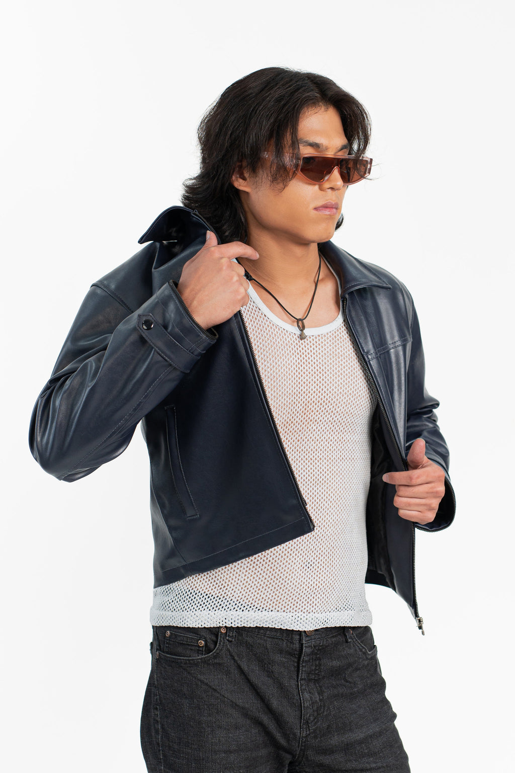 'No Risk' Blue Cropped Faux Leather Jacket