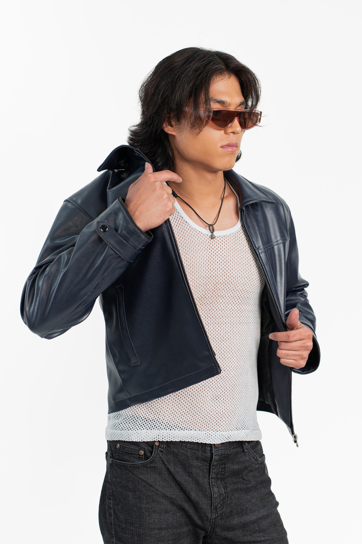 'No Risk' Blue Cropped Faux Leather Jacket