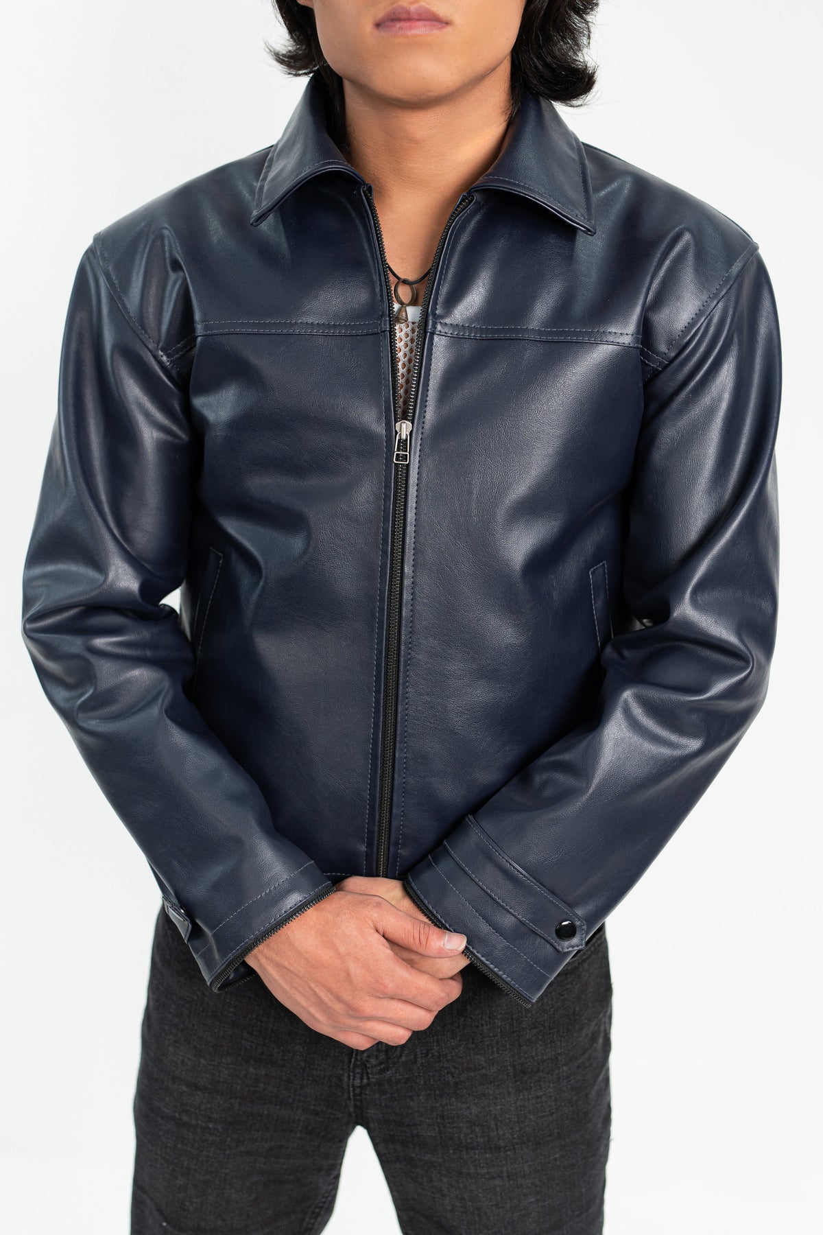 'No Risk' Blue Cropped Faux Leather Jacket