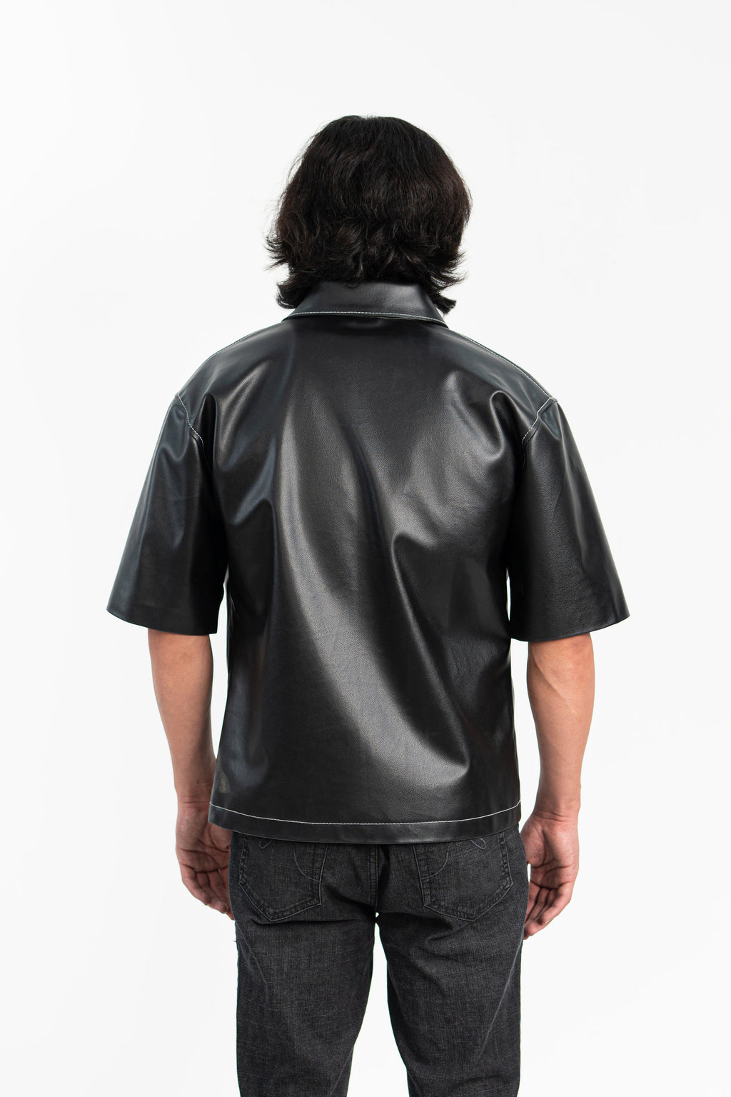 Oversized Threadwork Faux Leather Shirt