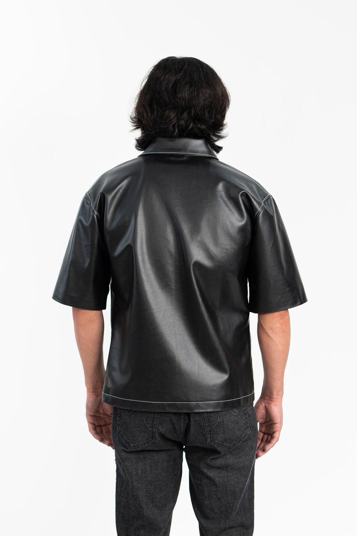 Oversized Threadwork Faux Leather Shirt