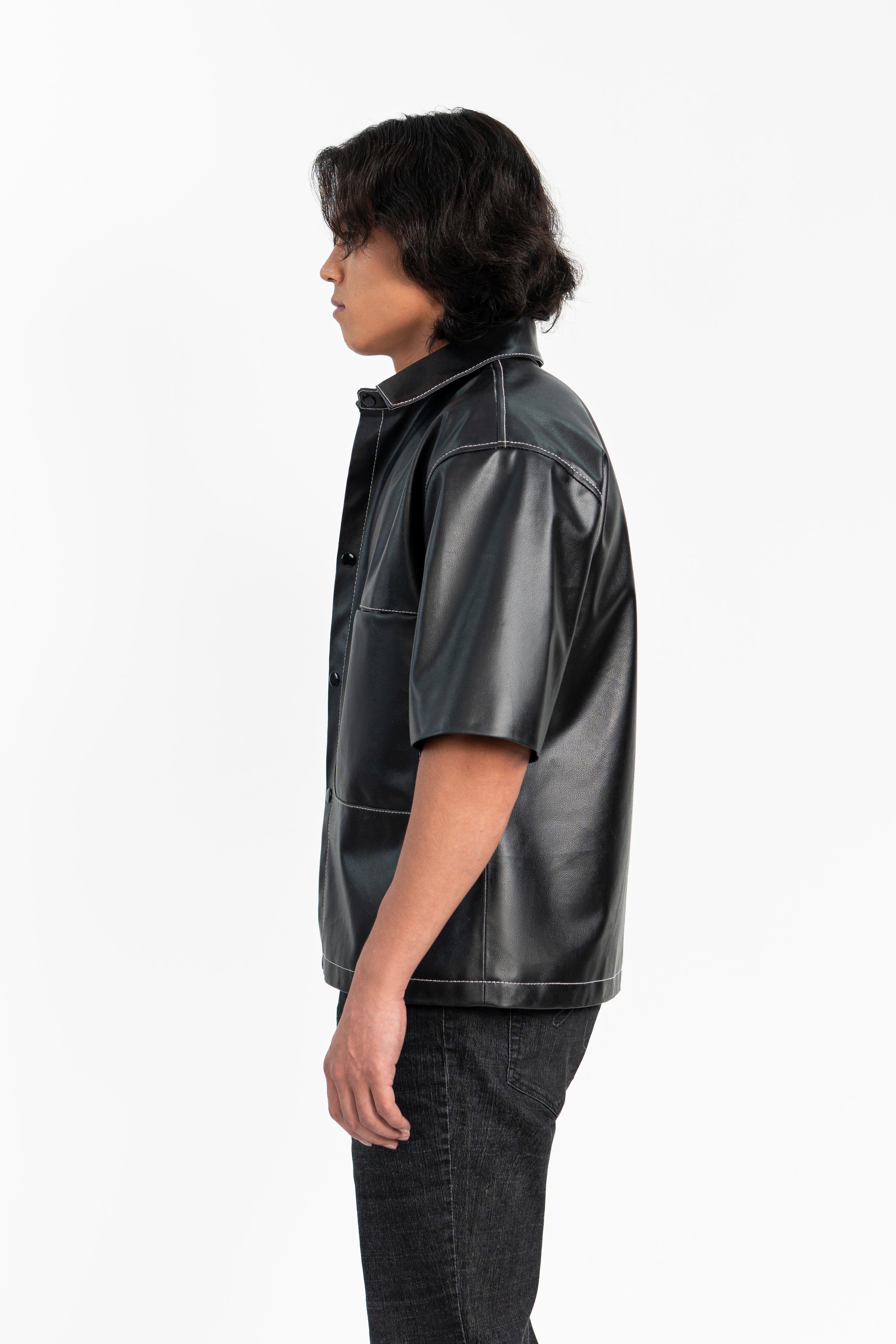 Oversized Threadwork Faux Leather Shirt