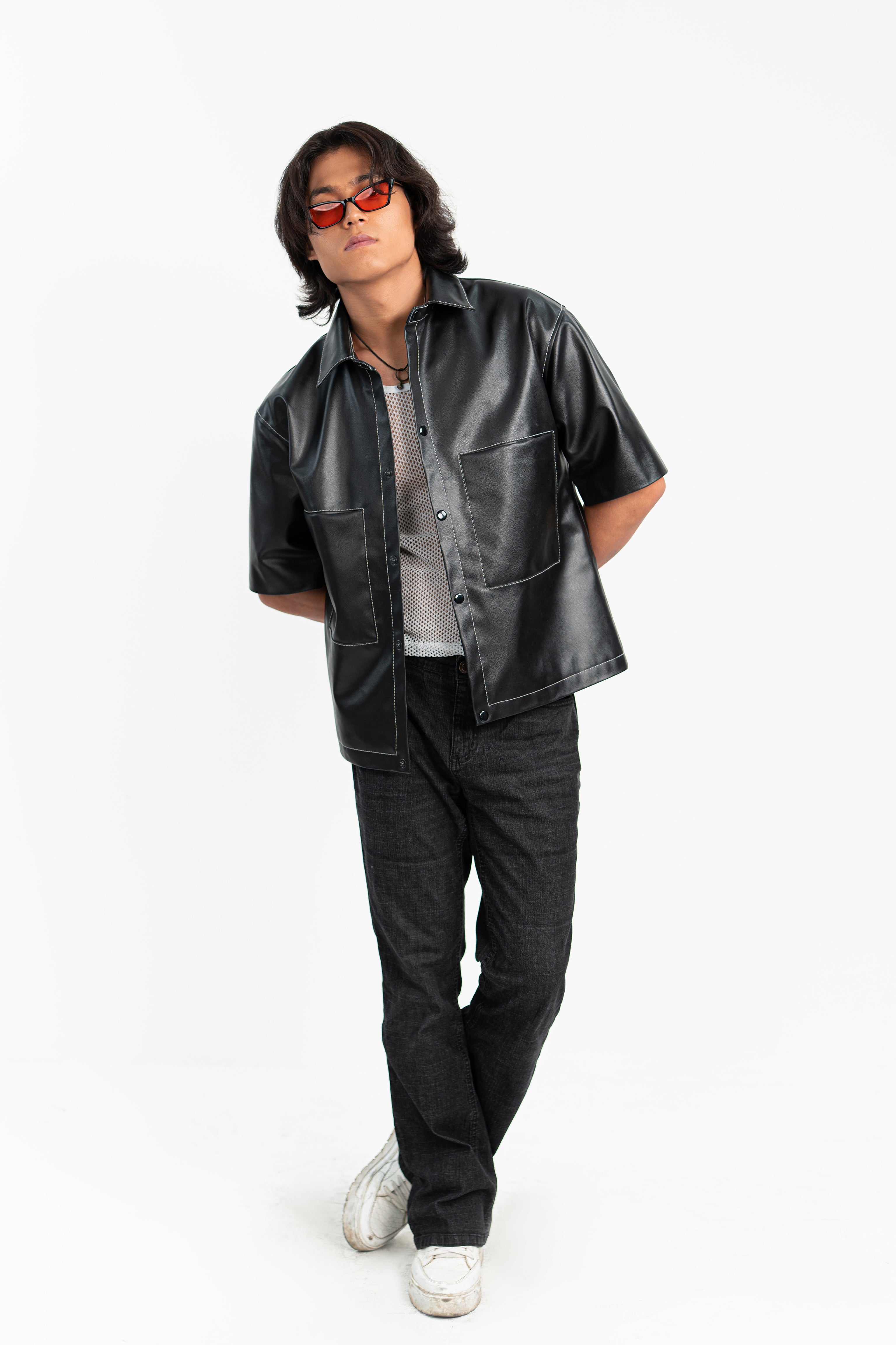 Oversized Threadwork Faux Leather Shirt