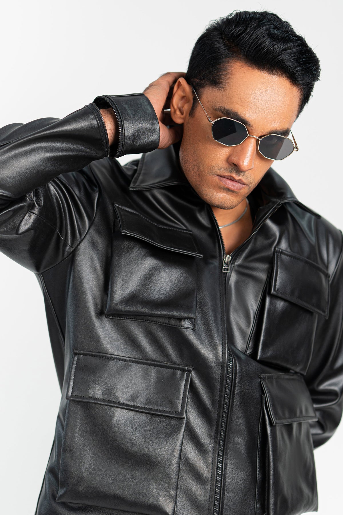 Cargo Pocketed Faux Leather Jacket