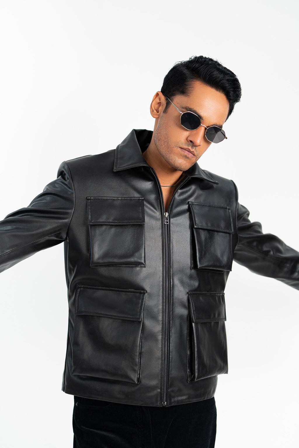 Cargo Pocketed Faux Leather Jacket