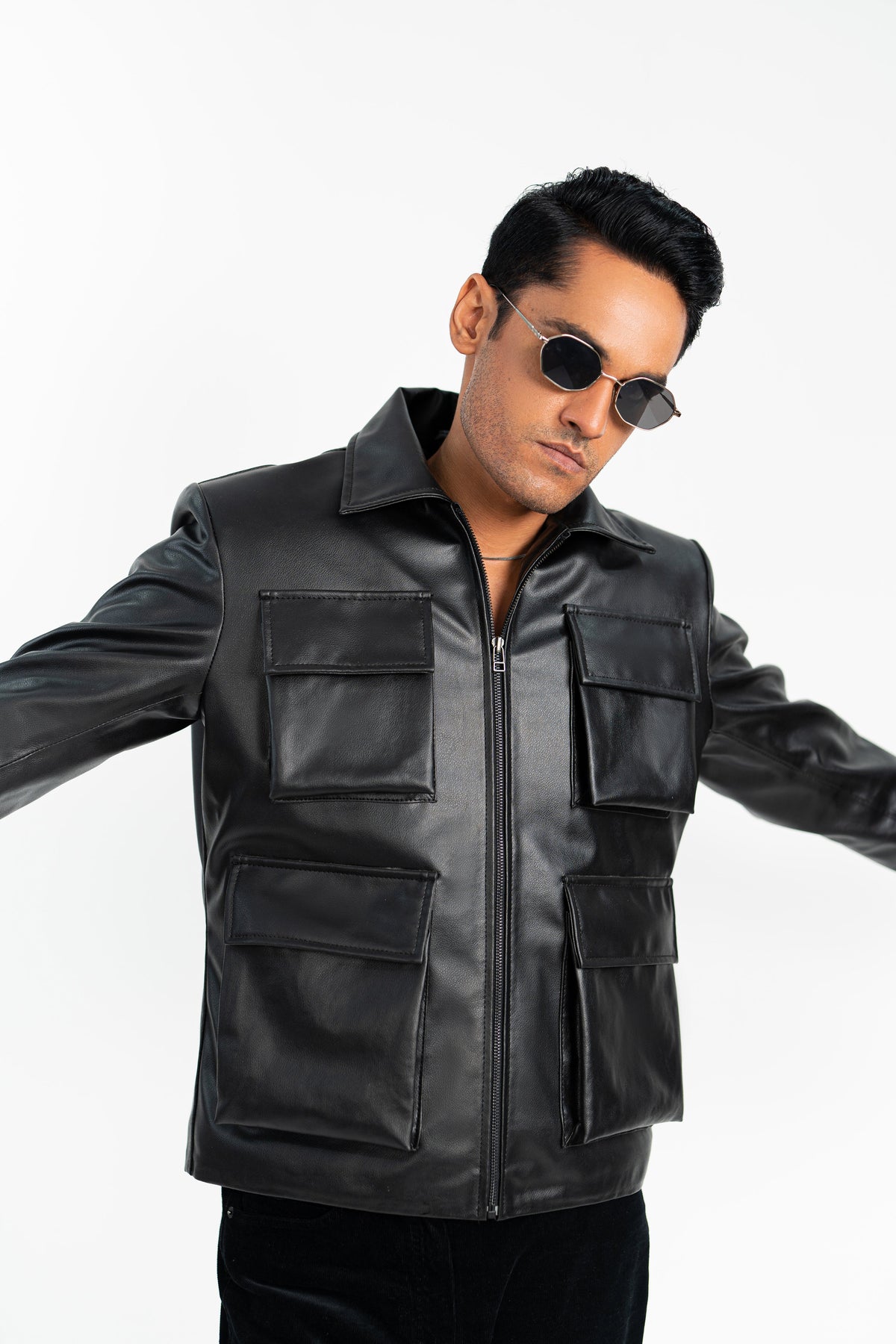 Cargo Pocketed Faux Leather Jacket