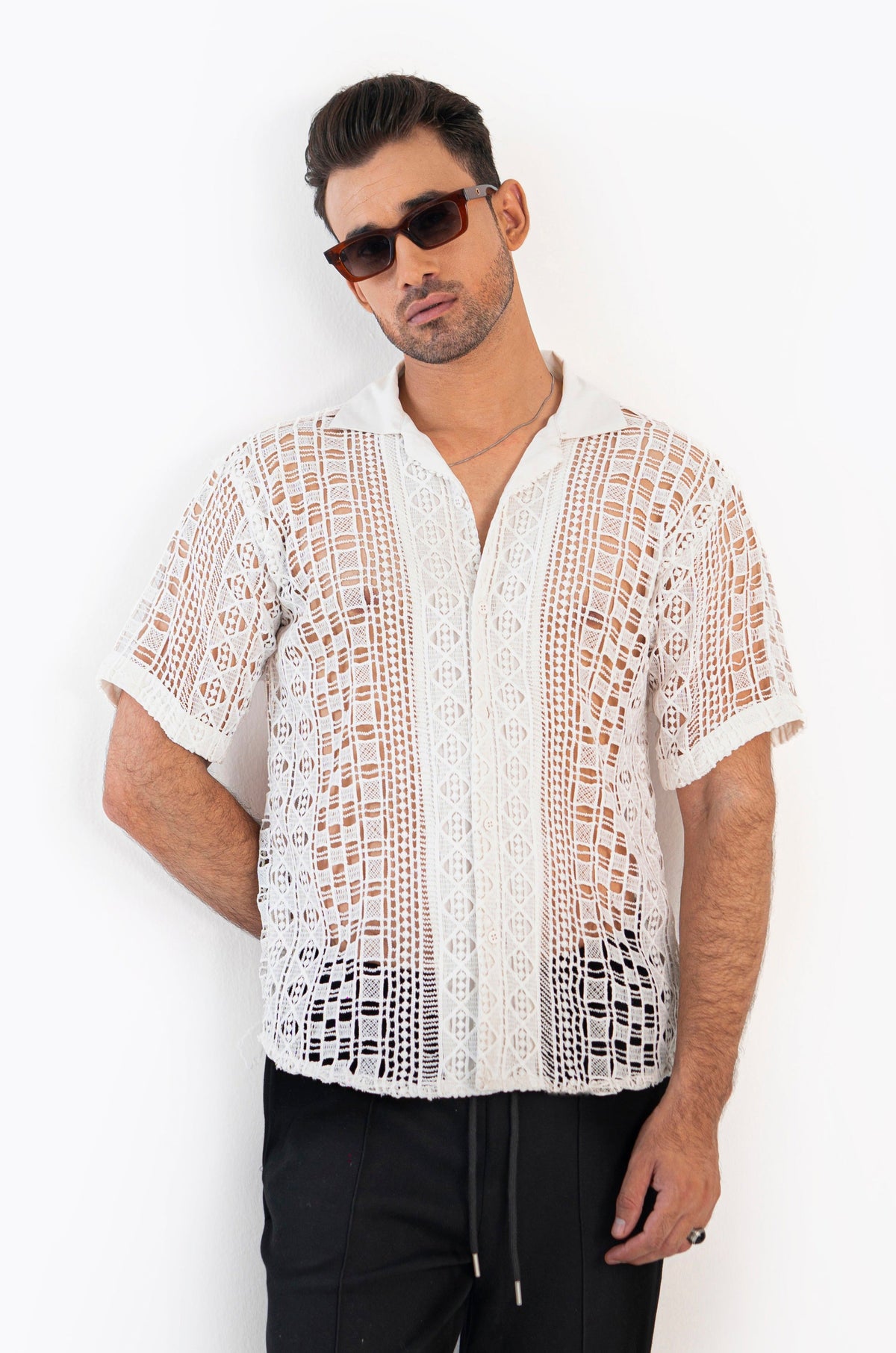 Grid Pattern Crochet Shirt