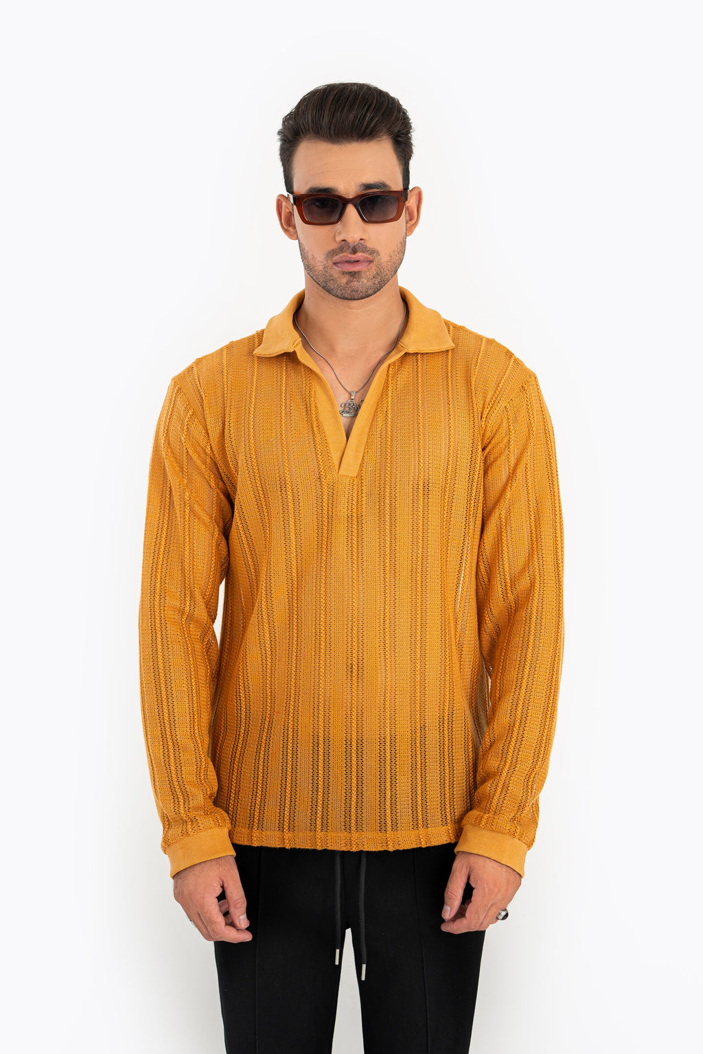 Mustard Crochet Polo Shirt