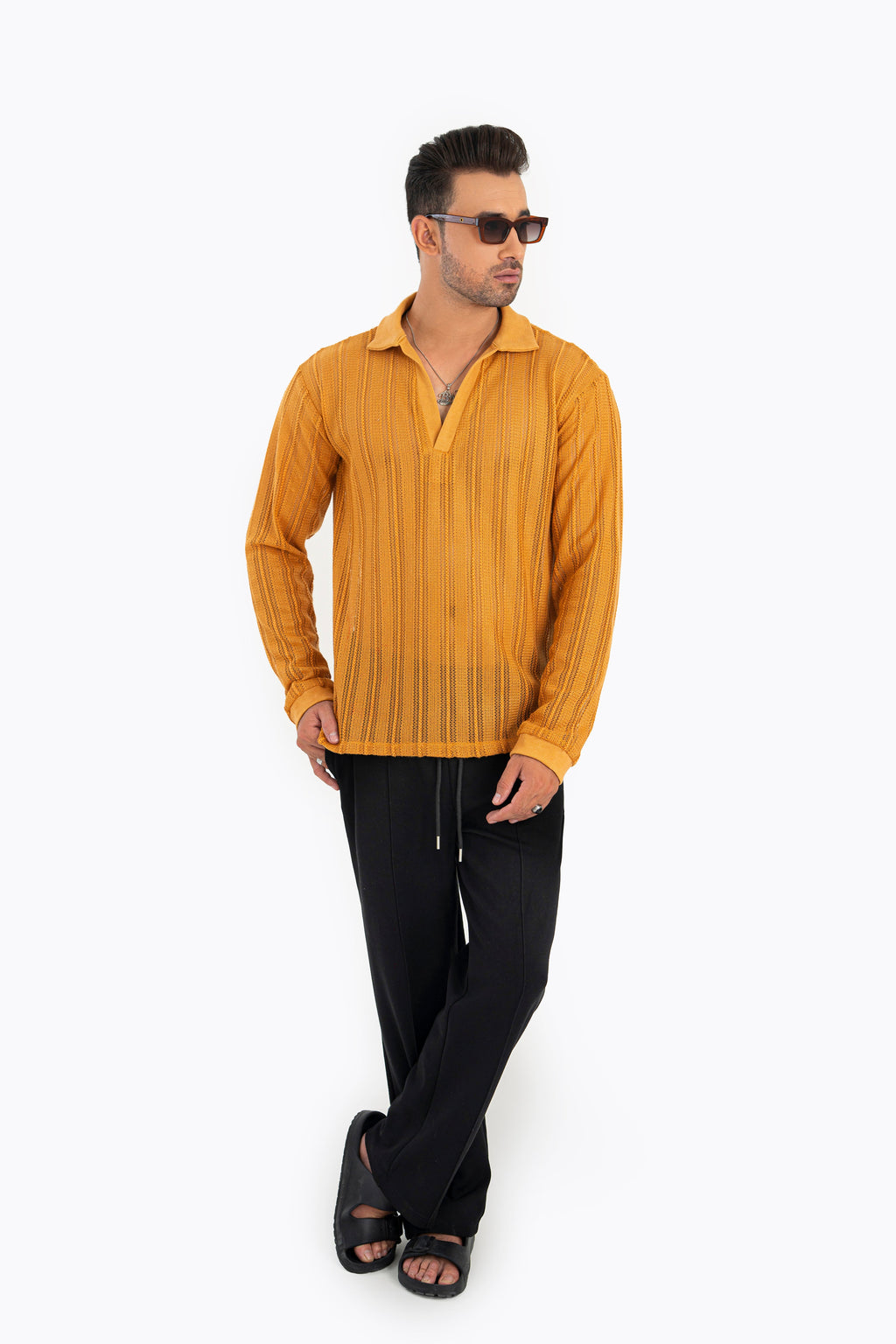 Mustard Crochet Polo Shirt