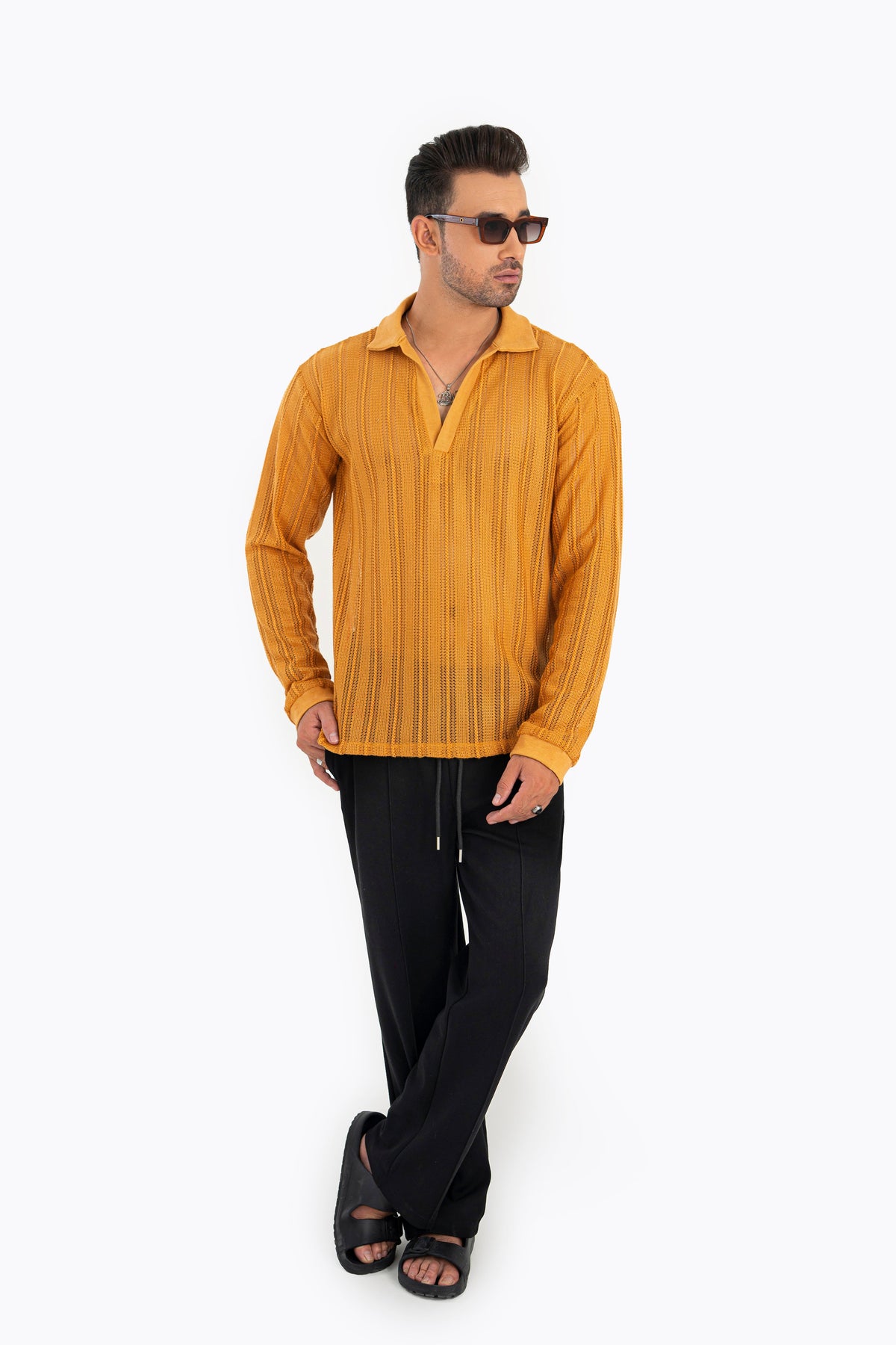 Mustard Crochet Polo Shirt