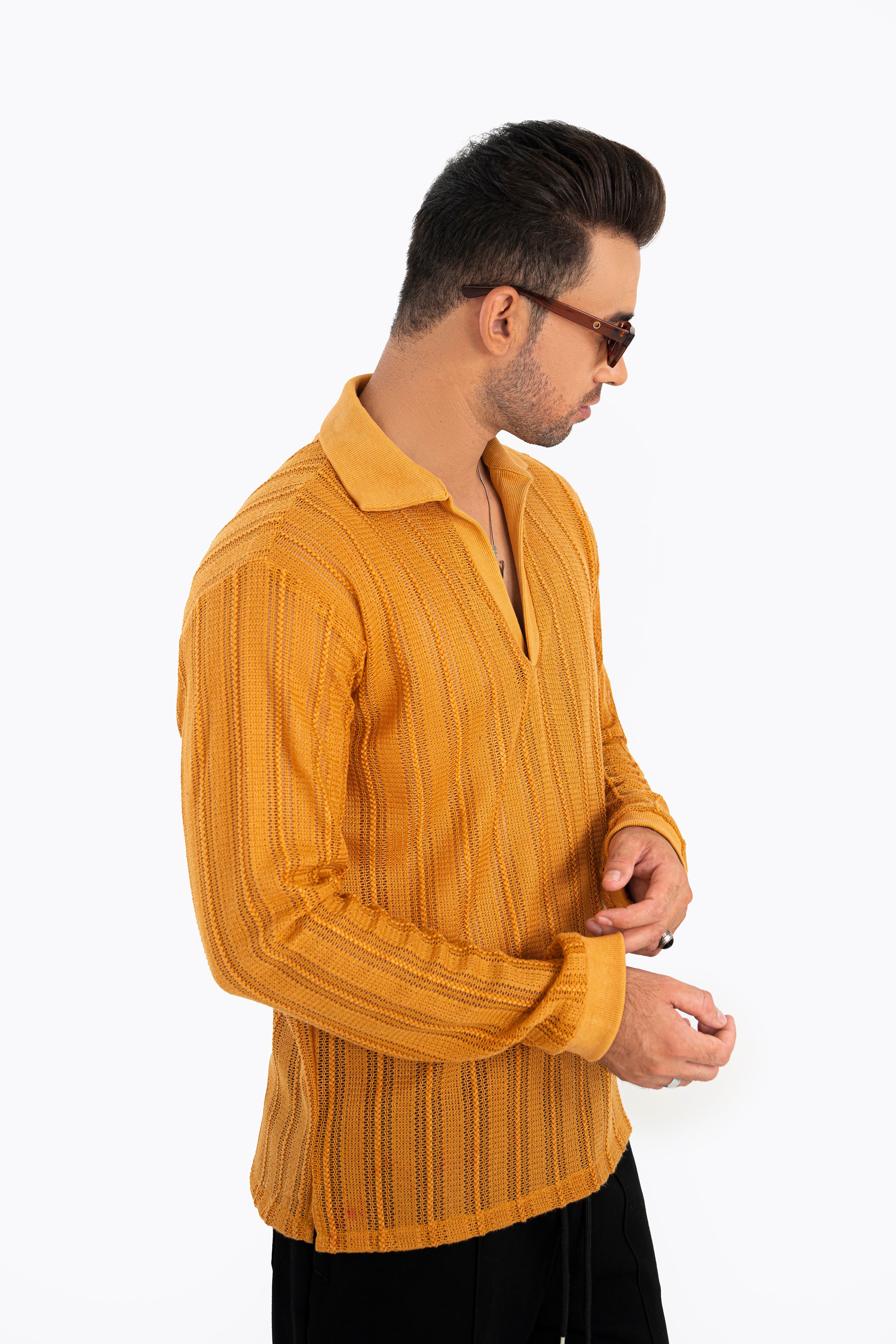 Mustard Crochet Polo Shirt